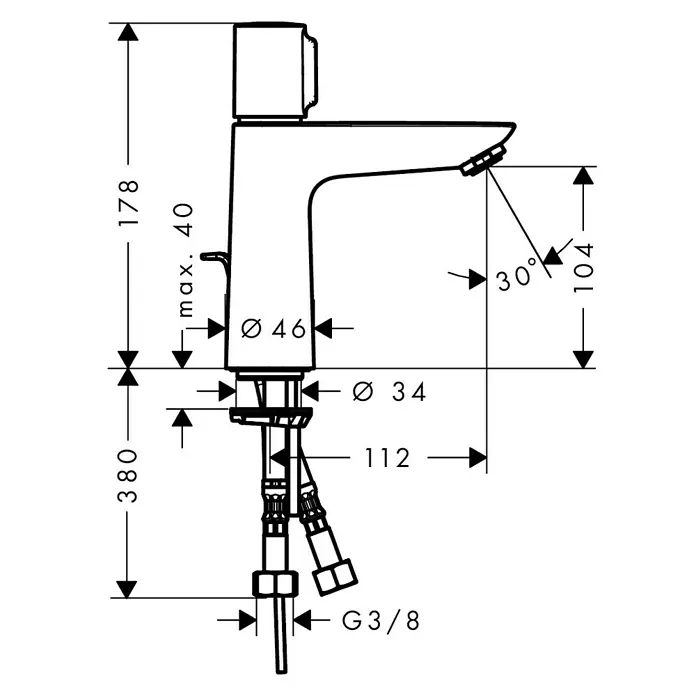Hansgrohe Talis Select Waschtischarmatur E 110 - Chrom, Glänzend - Technische Zeichnung einer Waschtischarmatur mit Maßangaben zu Höhe, Ausladung und Durchmesser relevanter Bauteile.