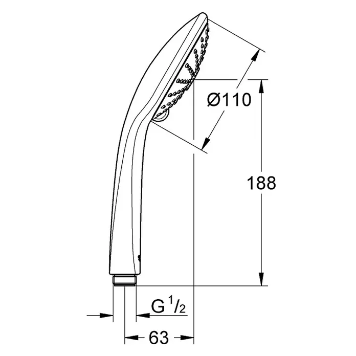 Grohe Euphoria 110 Handbrause - Anzahl Funktionen: 3 Stk., 13 l/min, Chrom - Technische Zeichnung eines Duschkopfes mit Maßangaben, die seine Größe und Abmessungen detailliert darstellt.