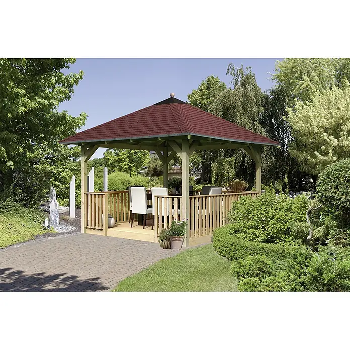 Karibu Pavillon Cordoba Set - 357 x 357 cm, Schwarz, Natur - Eine elegante Holzlaube mit rotem Dach, umgeben von üppigem Grün, bietet einen stilvollen Rückzugsort im Garten.