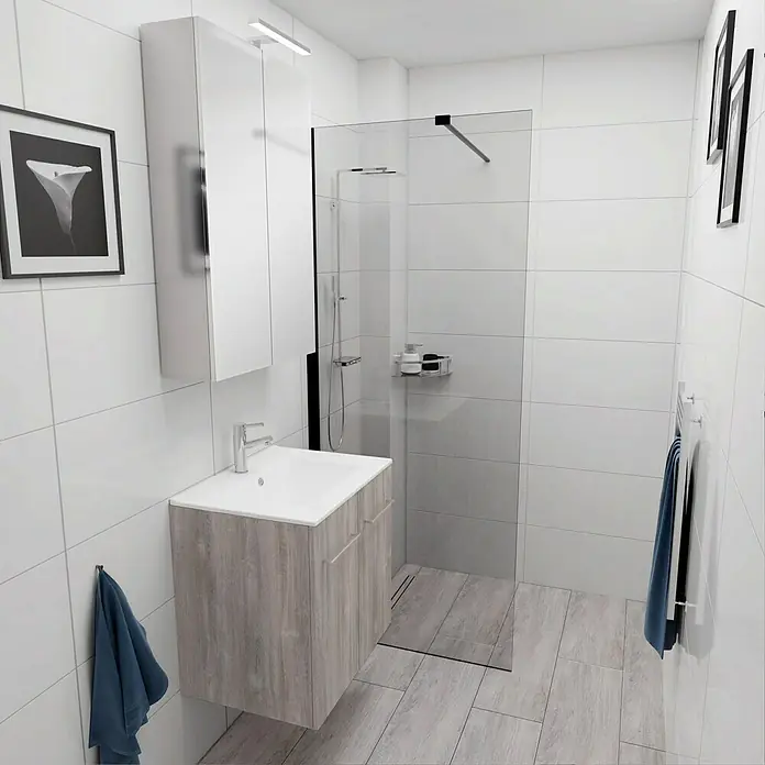 Camargue Espacio Badmöbel-Set E67 - 60 cm, Faro - Modernes Badezimmer mit Waschtischunterschrank in Holzoptik, großem Spiegelschrank und begehbarer Dusche. Helle, freundliche Gestaltung.