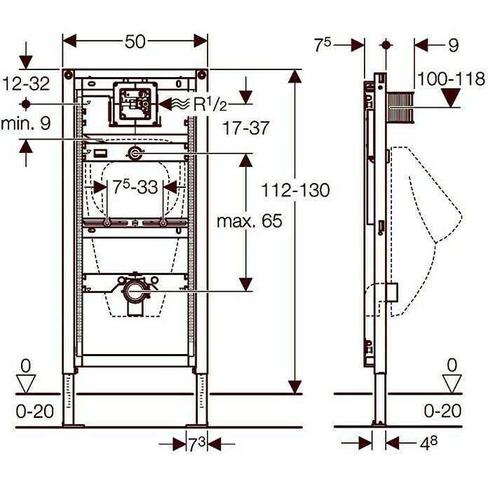 Geberit Duofix Urinal-Montageelement 111.616.00.11-Mengen-Spülung, 7 x 50 x 112 cm Front View