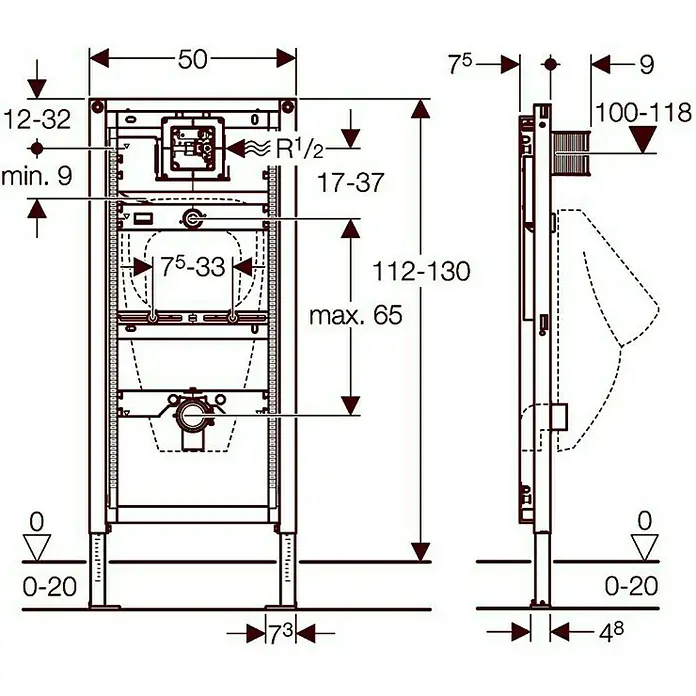 Geberit Duofix Urinal-Montageelement 111.616.00.2 - 1-Mengen-Spülung, 7 x 50 x 112 cm - Abbildung der Maße des Vorwandelements für ein Wand-WC mit allen relevanten Maßen für die Installation.