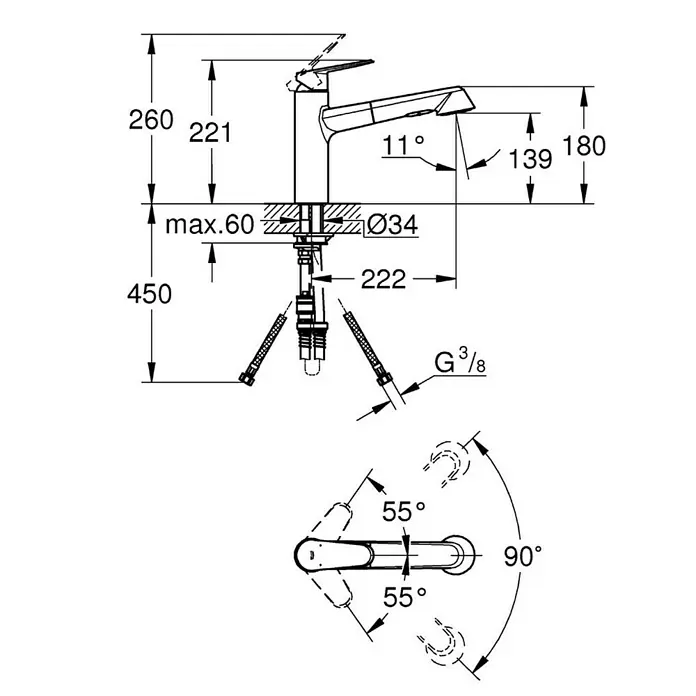 Grohe Eurodisc Cosmopolitan Spültischarmatur - Chrom, Glänzend, Anzahl Strahlarten: 2 Stk. - Maßzeichnung eines Wasserhahns mit allen Maßen.