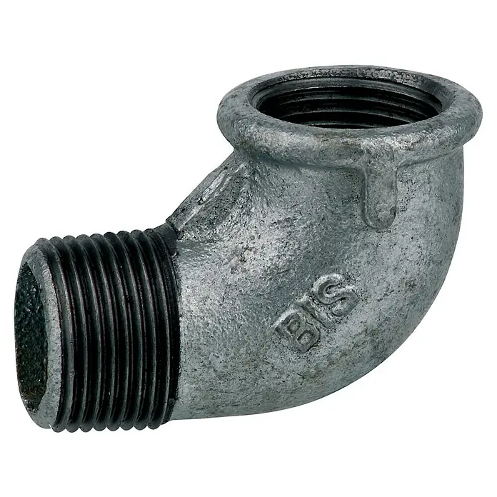 Winkel IA - Gewinde: 1″, Winkel: 90 °, Verzinkt - Ein verzinkter Temperguss-Fitting, ein 90-Grad-Winkel mit Innengewinde, ideal für Sanitär- und Heizungsinstallationen.