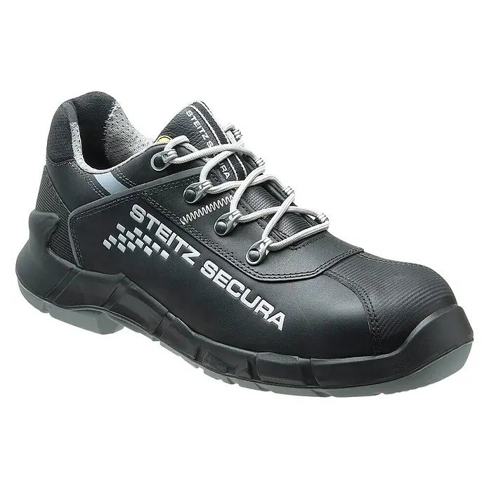Steitz Secura Sicherheitshalbschuh VX PRO 7550 - 45, Schutzklasse nach EN ISO 20345: S3, Schwarz/Grau - Abbildung eines schwarzen Steitz Secura Sicherheitsschuhs mit grauen Akzenten und Schnürsenkeln.