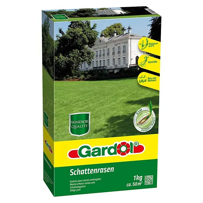 Gardol Windsor Rasensamen Schattenrasen - 1 kg, 50 m² - Abbildung der Verpackung von Gardol Schattenrasen, 1kg für ca. 50 m², mit Windsor Qualitätssiegel und Infos zu Wachstum und Keimhilfe.