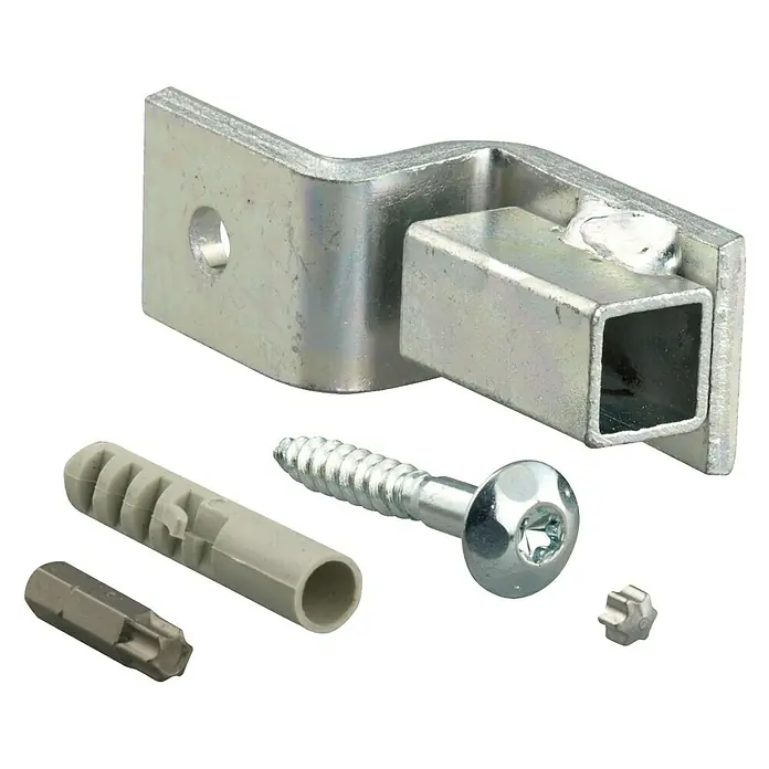 Stabilit Befestigungs-Set für FenstergitterWandmontage, 4 Stk., Befestigung Mauerwerk - Metallhalterung mit Schraube, Dübel, Bit und Abdeckung. Ideal für die sichere Befestigung verschiedener Elemente im Innenbereich.