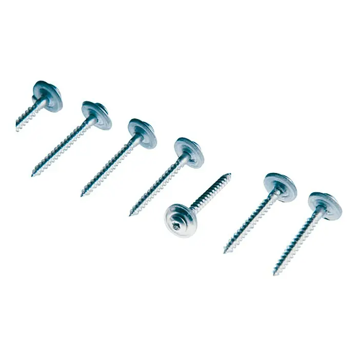 Spenglerschrauben - Durchmesser: 4,5 mm, Länge: 55 mm, 50 Stk. - Bild von selbstbohrenden Schrauben mit Dichtscheibe, die auf einer weißen Oberfläche angeordnet sind.