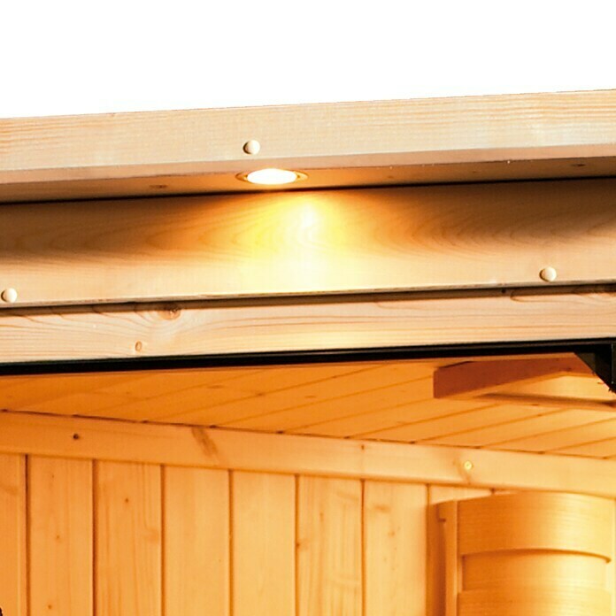Karibu Systemsauna (Ohne Ofen, Mit Dachkranz und Beleuchtung, 151 x 151 x 198 cm)