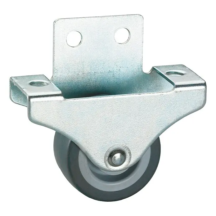 Stabilit Möbel-Bockrolle - Durchmesser Rollen: 38 mm, Traglast: 55 kg, Gleitlager, Mit Winkelblech - Dieses Bild zeigt eine Möbelrolle mit verzinkter Stahlhalterung und einem grauen Rad, ideal für Möbel oder Geräte.