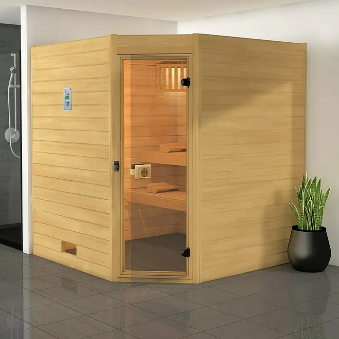 Weka Massivholzsauna Valida Eck 3 GT - L x B x H: 189 x 239 x 203,5 cm, Grundfläche: 3,91 m² - Geräumige Ecksauna mit Holzverkleidung und Glastür, die Entspannung und Komfort verspricht. Ein Hauch von Luxus für Ihr Zuhause.