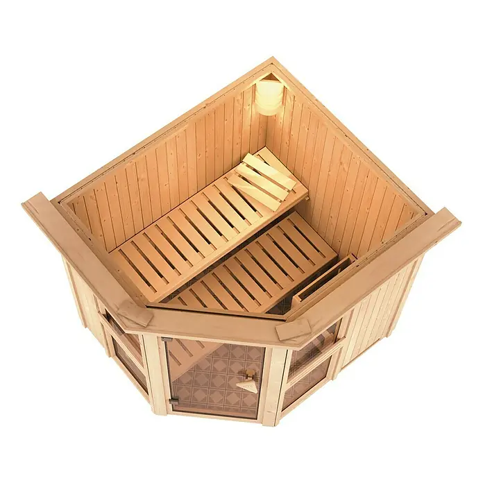 Karibu Elementsauna Amelia 1 - Mit 9 kW Bio-Ofen mit externer Steuerung, Mit Dachkranz und Beleuchtung, L x B x H: 210 x 184 x 192 cm - Innenansicht einer Holzsauna mit Bänken und Tür.