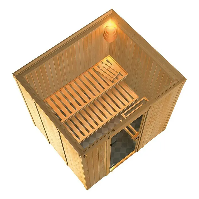 Karibu Elementsauna Daria - Mit 3,6 kW Bio-Ofen mit externer Steuerung, Ohne Dachkranz, L x B x H: 196 x 170 x 192 cm - Diese Aufnahme von oben zeigt eine Holzsauna mit Bänken, einer Lampe und einem schwarz-weiß gefliesten Boden.