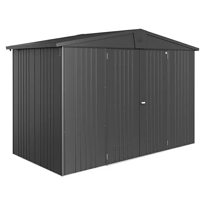 Biohort Europa Gerätehaus Europa Gr. 4A - Außenbreite inkl. Dachüberstand: 316 cm, Außentiefe inkl. Dachüberstand: 156 cm, Stahl, Dunkelgrau Metallic - Dunkelgrauer Metall-Gartenschuppen mit geriffelten Paneelen und Doppeltüren.