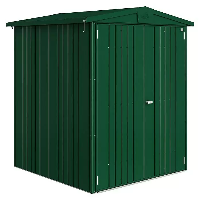 Biohort Europa Gerätehaus Europa Gr. 2 - Außenbreite inkl. Dachüberstand: 172 cm, Außentiefe inkl. Dachüberstand: 156 cm, Stahl, Dunkelgrün - Diagonale Ansicht