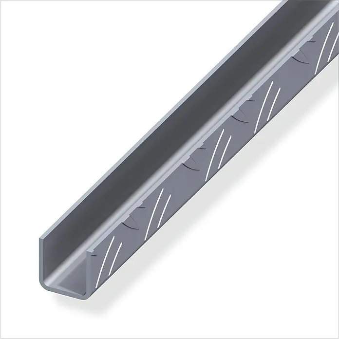 Kantoflex Riffelblechprofil - 1.000 x 23,5 mm, Stärke: 1,5 mm - 2 mm, Aluminium, Unbehandelt - Abbildung eines U-Profils aus Metall mit diagonalen Schlitzen, ideal für Bau- und Konstruktionsanwendungen.