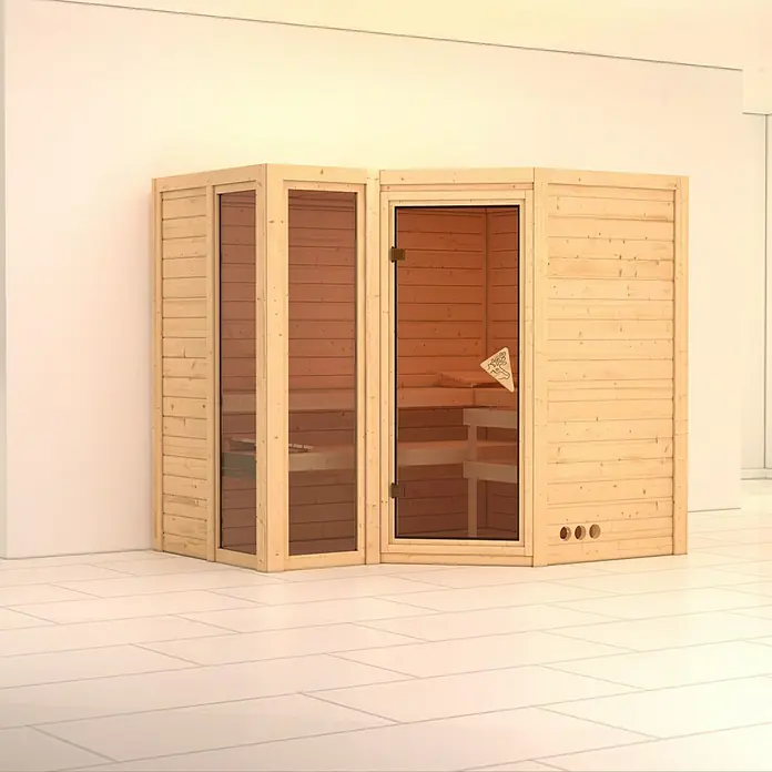 Karibu Massivholzsauna Amara - Ohne Ofen, Ohne Dachkranz, L x B x H: 236 x 184 x 200 cm - Produktbild einer modernen Holzsauna mit Glastür. Perfekt für Entspannung und Wellness zu Hause. Die Sauna bietet Platz für mehrere Personen.