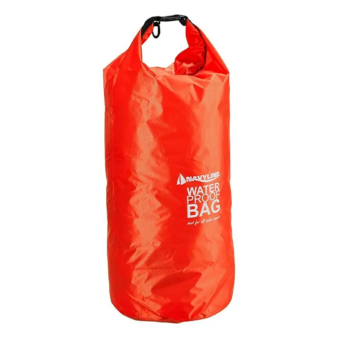 Navyline Drybag - 30 l, Orange - Orangefarbener, wasserdichter Packsack mit schwarzen Griffen und "NAVYLINE WATER PROOF BAG"-Aufdruck für alle Wassersportarten.