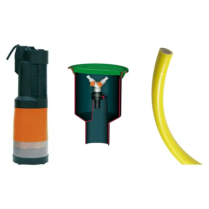 4rain Zisterne Komplettpaket Mono Garten-Comfort - Gesamt Fassungsvermögen: 3.000 l, Mit Pumpe, Mit Filter - Produktansicht: Tauchpumpe, Bewässerungsbox mit Ventilen und ein gelber Gartenschlauch auf schwarzem Hintergrund.