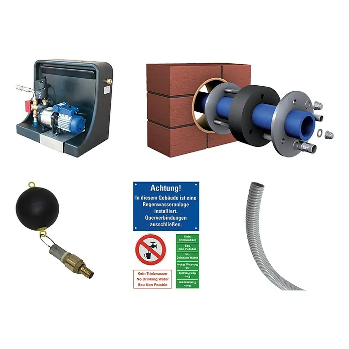 4rain Flachtank Komplettpaket Flat L Haus Premium - Gesamt Fassungsvermögen: 15.000 l, Mit Pumpe - Bild einer Regenwasseranlage mit Pumpe, Wanddurchführung, Schwimmer, Warnschild und einem flexiblen Schlauch.