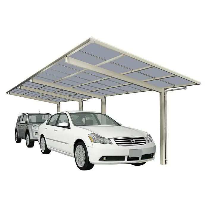 Ximax Carport LINEA Tandem 80 - Außenmaß inkl. Dachüberstand (B x T): 2,73 x 9,83 m, Doppelcarport, Edelstahloptik, Schneelast: 100 kg/m² - Carport-Überdachung mit zwei geparkten Autos, idealer Schutz vor Witterungseinflüssen und stilvolle Ergänzung für jeden Außenbereich.