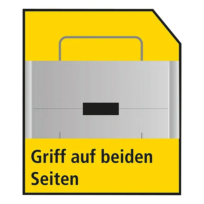 Stanley TSTAK Werkzeugkasten mit 2 Schubladen - 31,42 x 44 x 17,6 cm - Abbildung eines silbernen Briefkastens auf gelbem Hintergrund. Der Briefkasten hat einen Griff auf beiden Seiten.