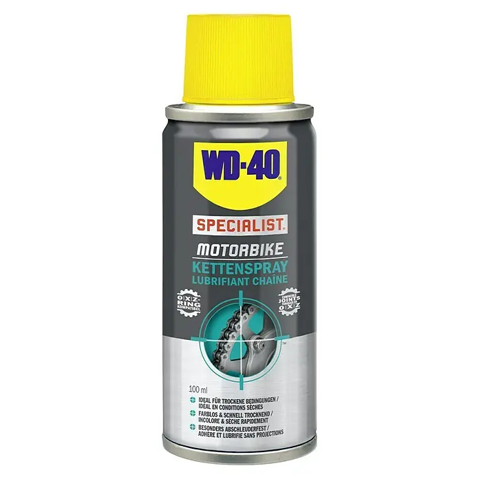 WD-40 Specialist Motorbike Kettenspray - 100 ml, Geeignet für: Ketten - Abbildung einer WD-40 SPECIALIST Motorbike Kettenspraydose mit gelbem Deckel.