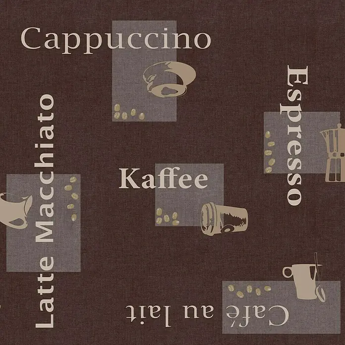 D-c-fix Manhattan Tischdecke Meterware Cappuccino - Breite: 140 cm, Braun - Kaffeemuster mit verschiedenen Kaffeesorten wie Cappuccino, Espresso, Latte Macchiato und Café au Lait.
