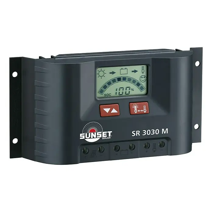 Sunset Solarladeregler SR3030M - Max. Laststrom: 30 A, 12 V - 24 V, Display - Nahaufnahme des Sunset Solar SR 3030 M Solarladereglers, der die Solarenergie effizient verwaltet und die Batterielebensdauer optimiert.