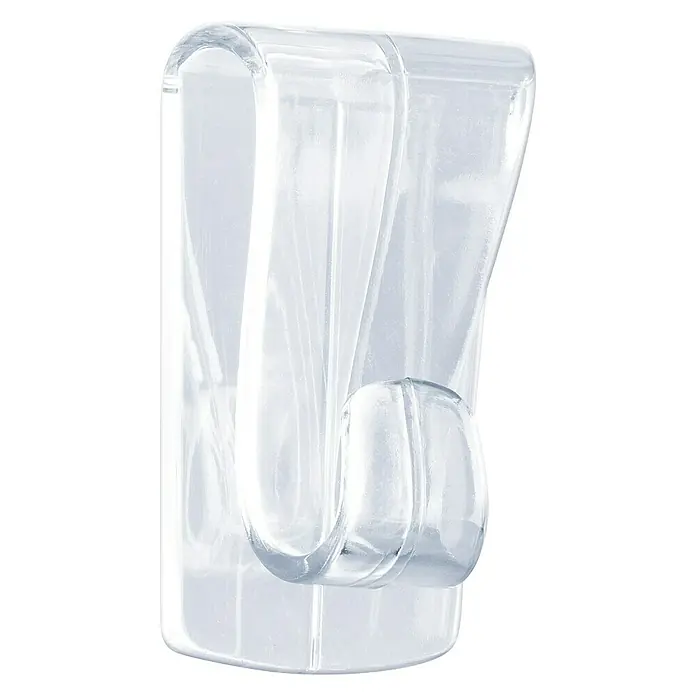Tesa Klebehaken - Geeignet für: Glas, Belastbarkeit: 1 kg, 2 Stk., Transparent - Nahaufnahme eines durchsichtigen Klebehaken, der sich ideal für die einfache Befestigung ohne Bohren eignet. Perfekt für Küche und Bad.