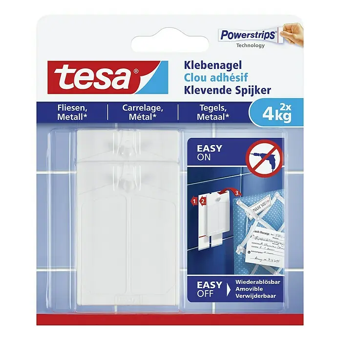 Tesa Klebenagel - Geeignet für: Fliesen, Belastbarkeit: 4 kg, 2 Stk., Weiß - Tesa Klebenagel für Fliesen und Metall, wiederablösbar, mit Powerstrips Technologie. Zum Aufhängen von Gegenständen bis zu 4 kg Gewicht.