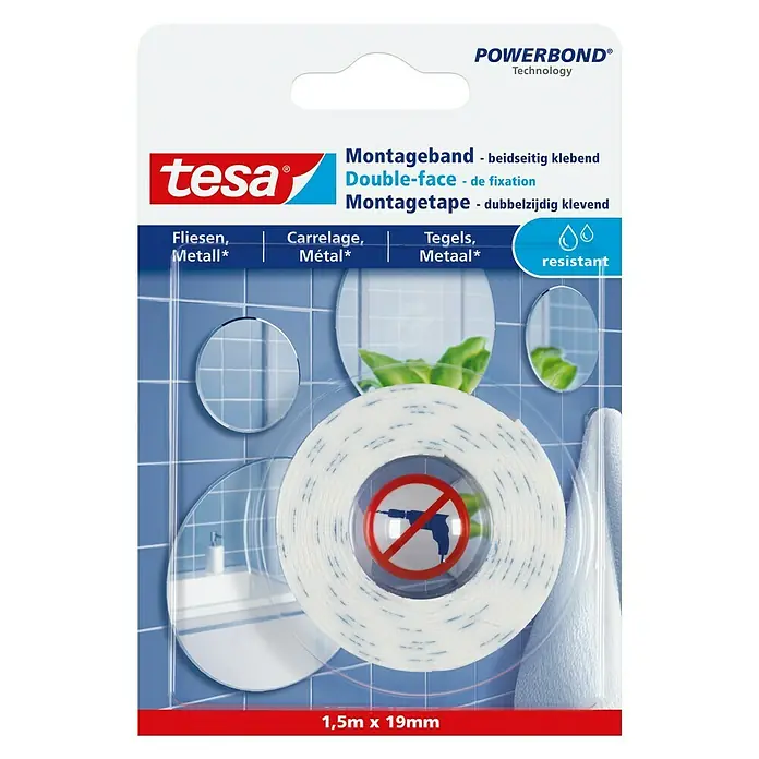 Tesa Montageband - Geeignet für: Fliesen, Feuchtraum, 1,5 m x 19 mm - Produktverpackung von Tesa Powerbond Montageband, doppelseitiges Klebeband für Fliesen, Metall, Carrelage, Métal und Tegels, Metaal.
