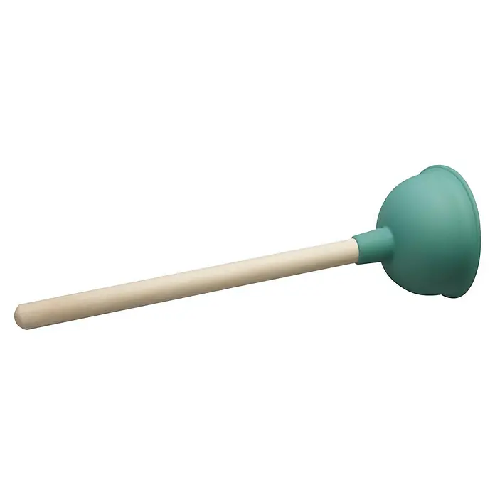 Ausgussreiniger - Durchmesser: 140 mm, Blau/Grün - Diese Aufnahme zeigt einen Pümpel mit einem hellen Holzgriff und einem türkisfarbenen Gummisaugnapf auf einem schwarzen Hintergrund.