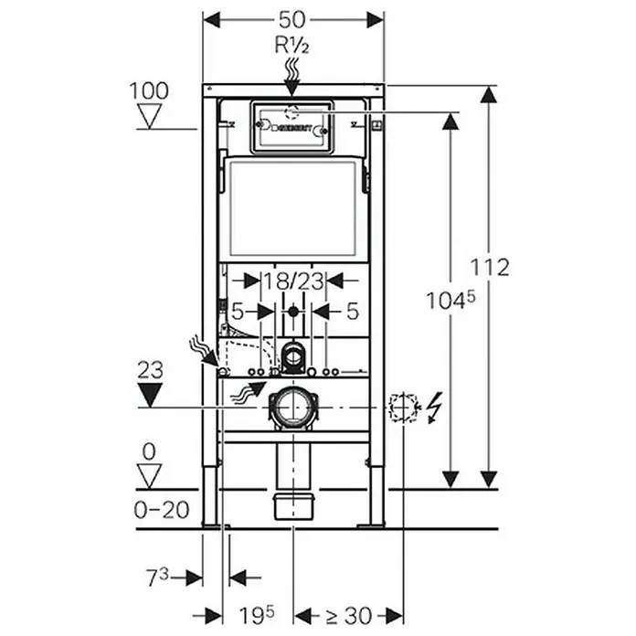 Geberit Duofix WC-Vorwandelement Basic 458.103.00.2 mit Delta UP-Spülkasten - 2-Mengen-Spülung, 12 x 50 x 112 cm - Schema des Geberit Duofix Installationssystems für Wand-WCs mit Maßen für die Installation, inklusive Wasseranschluss und Abfluss.