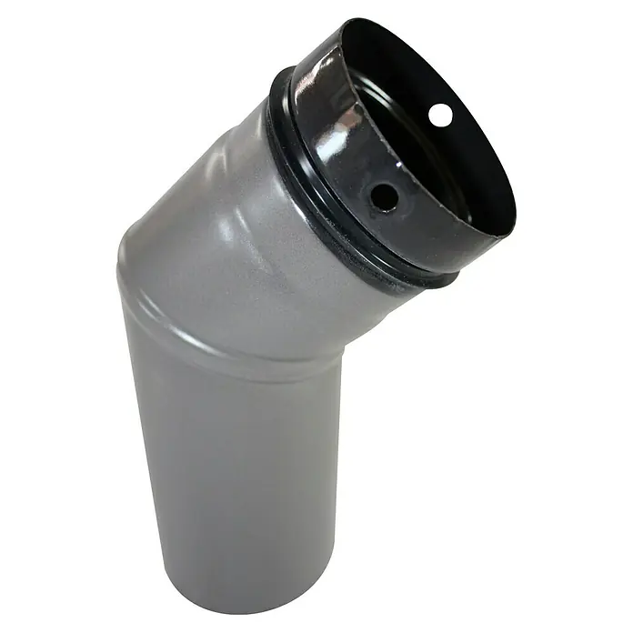 Pellet-Rohrbogen - Durchmesser: 80 mm, Bogenwinkel: 45 °, Emailliert, Gussgrau - Grauer Ofenrohrbogen mit schwarzem Anschlussstück und zwei Löchern für eine sichere und effiziente Installation.