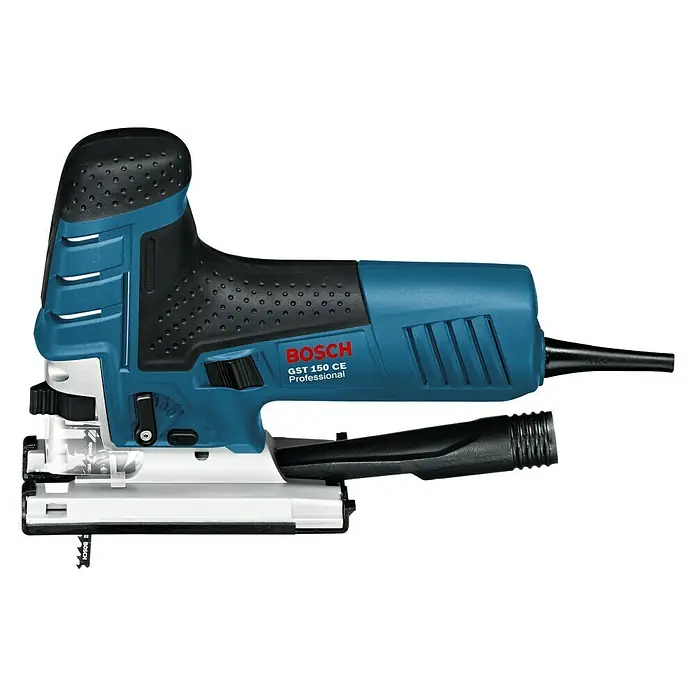 Bosch Professional Elektro-Pendelhubstichsäge GST 150 CE - 780 W, 500 /min - 3.100 /min, Anzahl Pendelhubstufen: 4 Stk. - Abbildung einer Bosch GST 150 CE Professional Stichsäge, einem Werkzeug für präzise Holzschnitte.