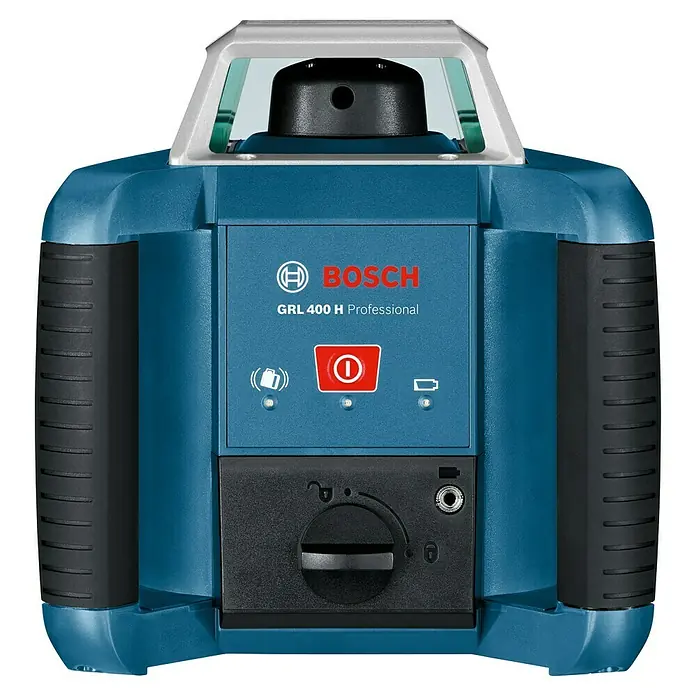 Bosch Professional Rotationslaser GRL 400 H - Max. Arbeitsbereich: 20 m, 8 -tlg. - Bild eines Bosch GRL 400 H Professional Rotationslaser für präzise horizontale Nivellierung mit robustem Design und einfacher Bedienung.