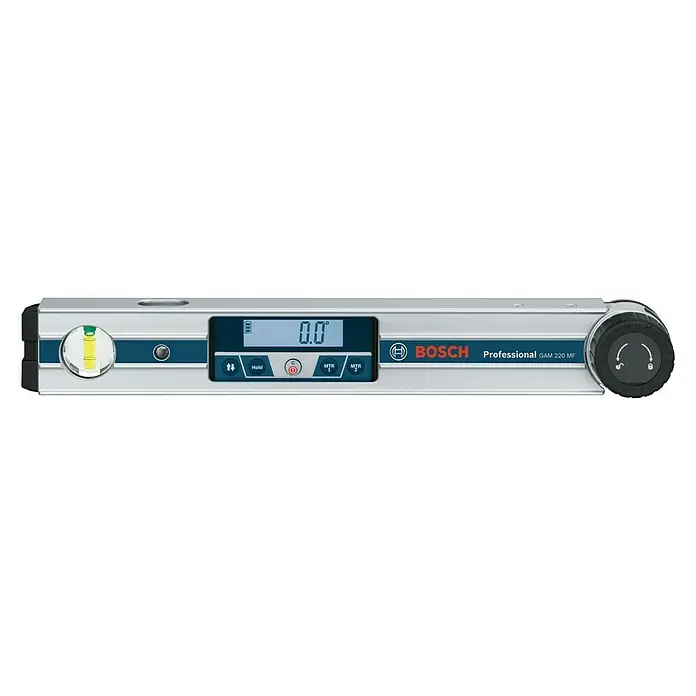 Bosch Professional Digitaler Winkelmesser GAM 220 MF - Messbereich: 0 - 220 °, Schenkellänge: 40 cm - Bosch GAM 220 MF Digitaler Winkelmesser für präzise Messungen mit digitaler Anzeige und Wasserwaage für horizontales Ausrichten.