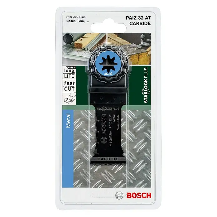Bosch Tauchsägeblatt Carbide PAIZ 32 AT - Geeignet für: Aluminium, 50 x 32 mm, STARLOCK-Plus-System - Das Bosch Starlock Plus PAIZ 32 AT Carbide Sägeblatt für Metall bietet extra lange Lebensdauer und schnellen Schnitt. Ideal für präzise Metallarbeiten.