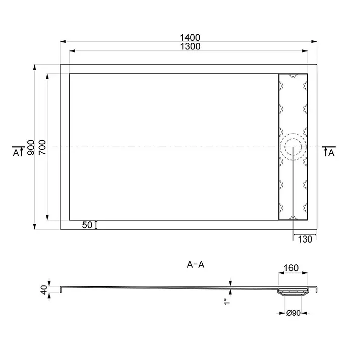 Ottofond Duschwanne Liberia - 140 x 90 cm, Sanitäracryl, Weiß - Technische Zeichnung einer Duschwanne mit den Maßen 1400 x 900 mm, inklusive Seitenansicht und Detailzeichnung des Ablaufs.