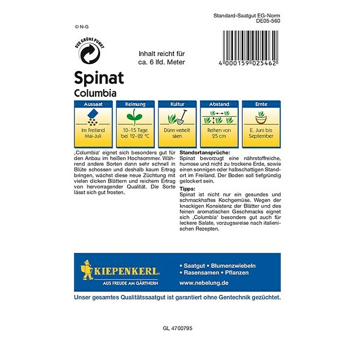 Kiepenkerl Profi-Line Spinat Columbia (Spinacia oleracea, Inhalt ausreichend für ca.: 6 m)