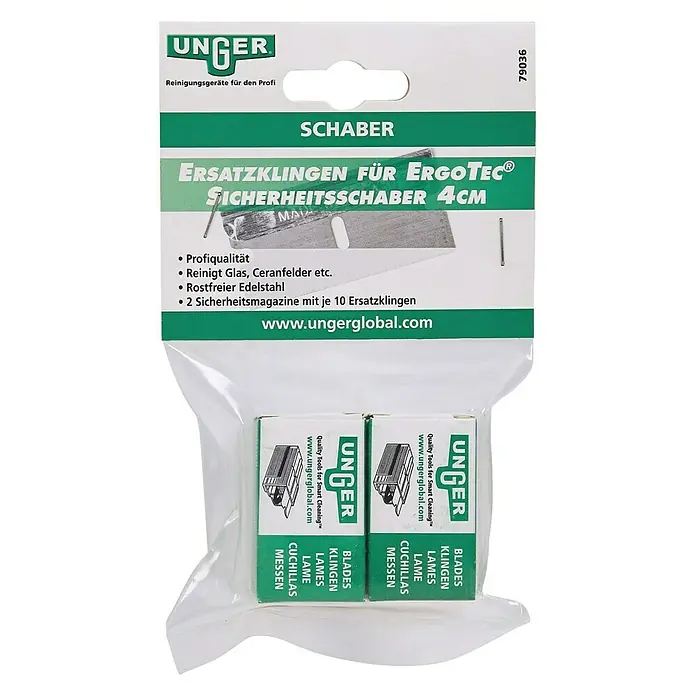 Unger Glasschaber-Klingen - 20 Stk. - UNGER Ersatzklingen für ErgoTec Schaber 4cm, Profiqualität, reinigt Glas, Ceranfelder, rostfreier Edelstahl, 2 Magazine mit je 10 Klingen.