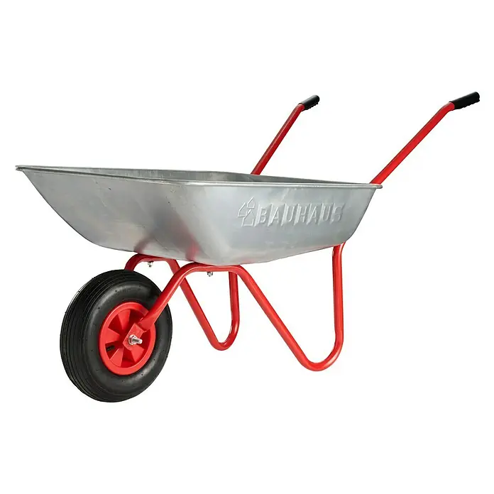 Gartenschubkarre - 80 l, Stahl, Traglast: 100 kg - Eine robuste Schubkarre mit rotem Gestell, schwarzem Rad und einer verzinkten Wanne, ideal für Gartenarbeiten und Baustellen.