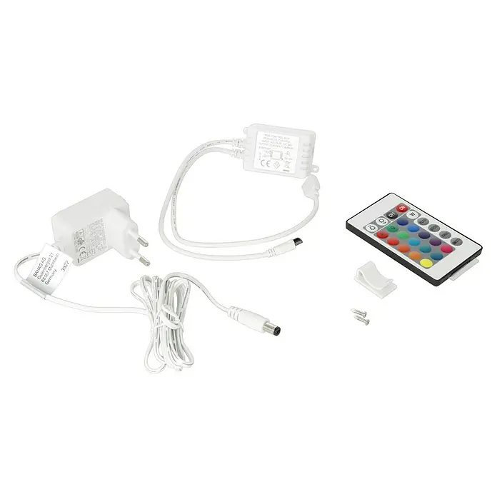 Tween Light LED-Band - Länge: 3 m, Lichtfarbe: RGB, 12 W - Bild eines LED-Streifen-Sets mit Fernbedienung, Steuerung, Netzteil und Zubehör, ideal für stimmungsvolle Beleuchtung.