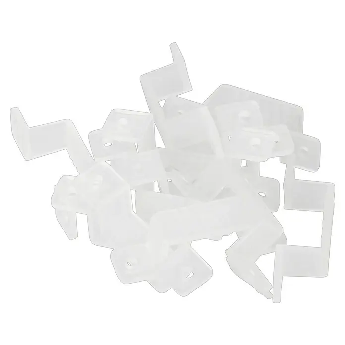 Starlux LED-Lichtschlauch - 5 m, 6 W, Warmweiß - Nahaufnahme von weißen Kunststoffhalterungen, die zur Befestigung von Bilderrahmen verwendet werden, auf schwarzem Hintergrund.