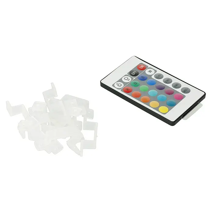Starlux LED-Lichtschlauch - 5 m, 6 W, RGB - Das Bild zeigt eine Fernbedienung für LED-Leuchten mit verschiedenen Farboptionen und eine Ansammlung von weißen Kunststoffclips zur Befestigung.