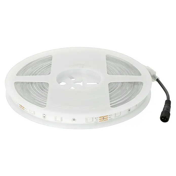 Starlux LED-Band Outdoor - Länge: 5 m, Lichtfarbe: RGB, 22 W - Eine Rolle mit LED-Streifen. Das LED-Band ist auf einer weißen Spule aufgerollt und hat einen schwarzen Stecker.