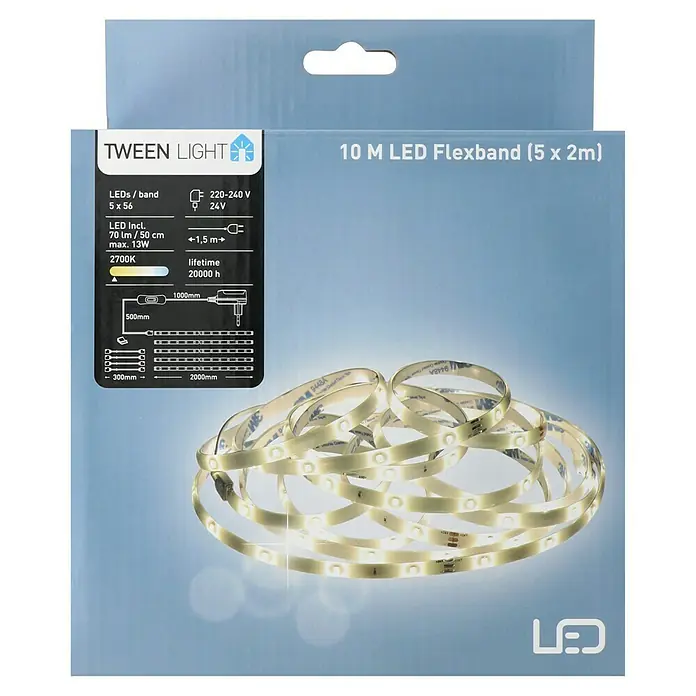 Tween Light LED-Band - Länge: 10 m, Lichtfarbe: Warmweiß, 13 W - Nahaufnahme der Verpackung eines 10 m langen LED-Flexbands (5 x 2 m) mit technischen Daten wie Lichtstärke und Lebensdauer.