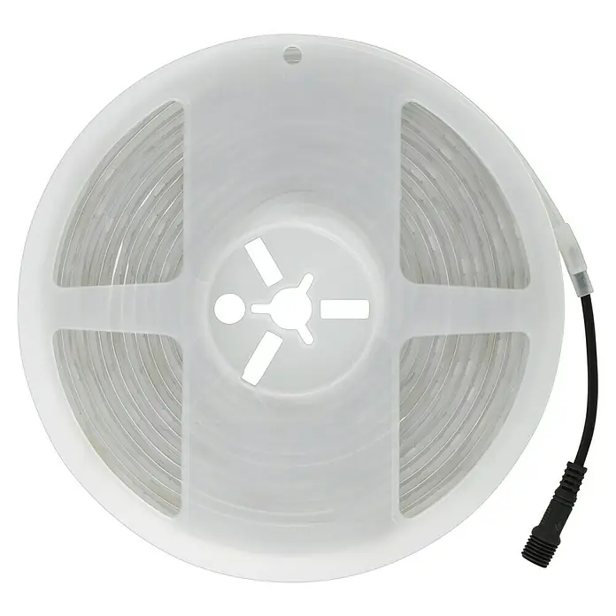 Starlux LED-Band Outdoor - Länge: 5 m, Lichtfarbe: RGB, 22 W - Eine Rolle LED-Streifen mit einem schwarzen Kabel, das an das Ende angeschlossen ist. Gut geeignet für dekorative Beleuchtung.