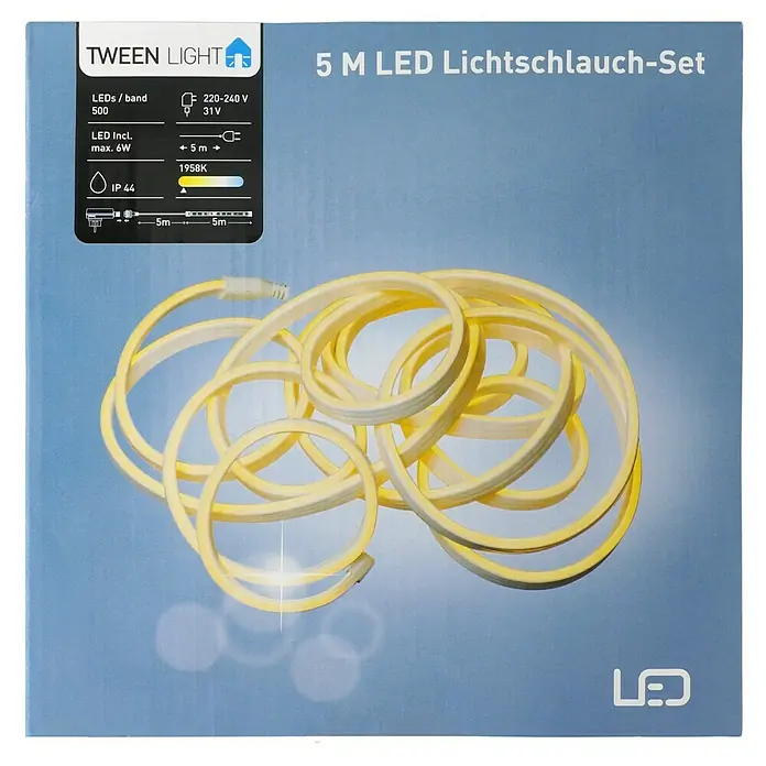 Starlux LED-Lichtschlauch - 5 m, 6 W, Warmweiß - Abbildung einer Verpackung für ein 5 m LED Lichtschlauch-Set, ideal zur Dekoration und Beleuchtung im Innen- und Außenbereich.